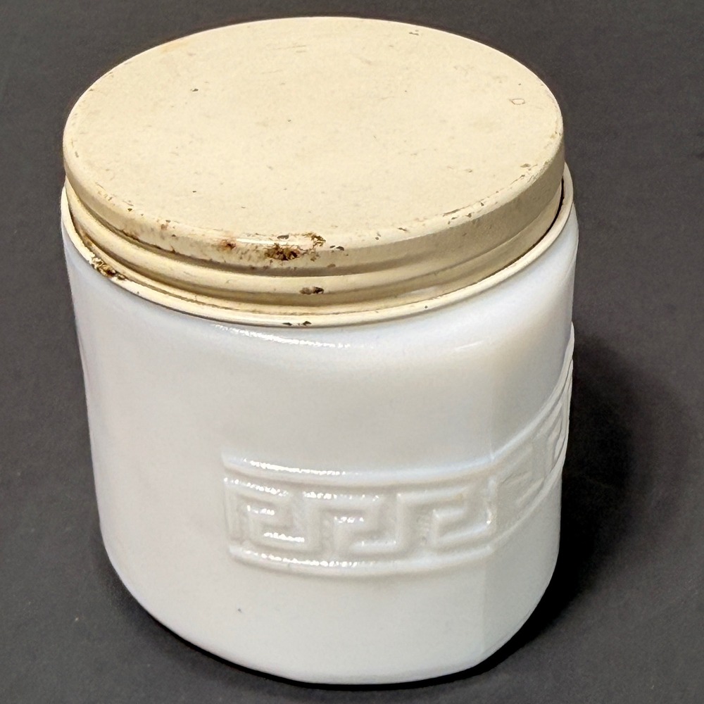Vintage Woodbury Milk Glass Cold Cream‎ Jar Greek Key Pattern Metal Lid White